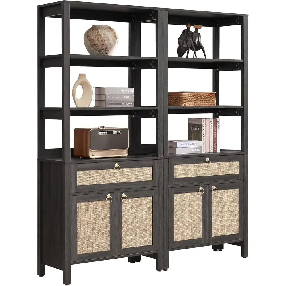 

3-Tier Rattan Bookshelf with Gold Handle, 68.5 Tall, Boho Style for Living Room or Home Office