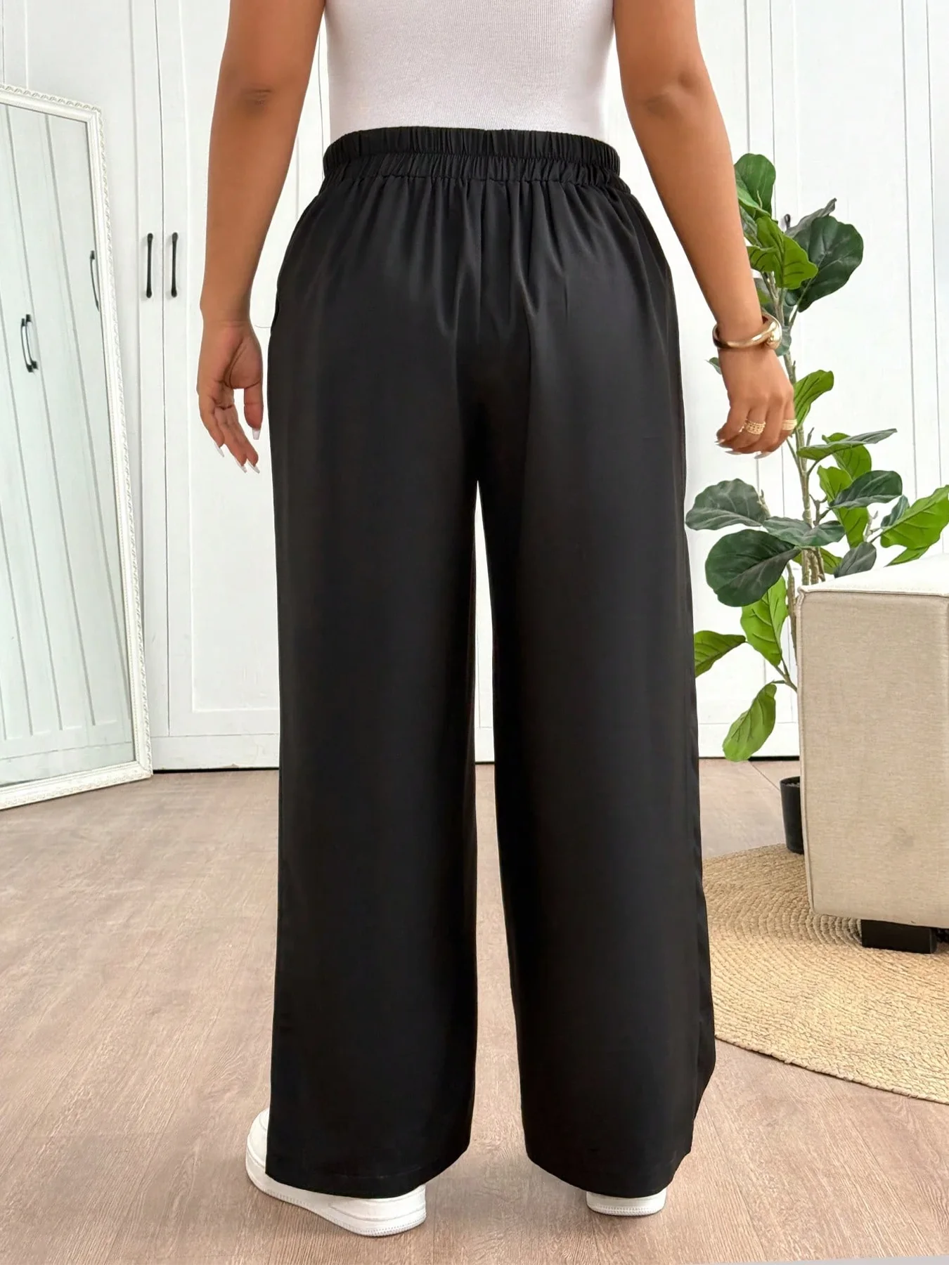 وصول جديد ارتفاع الخصر ثنى السراويل الطويلة غير رسمية فضفاضة أنيقة مستقيم قطع السراويل تصميم فريد بلون مع جيوب #4