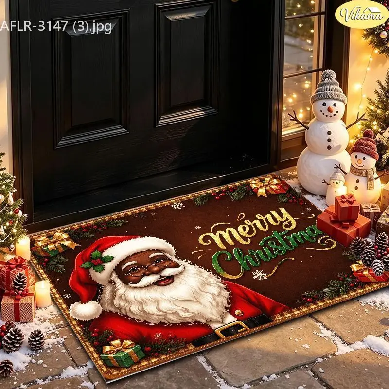 VIKAMA Door Mat For Entryway Black Santa Claus Portrait Gold Gift Boxes Pine Garland Welcome Mat Non Slip Front Porch Home Decor
