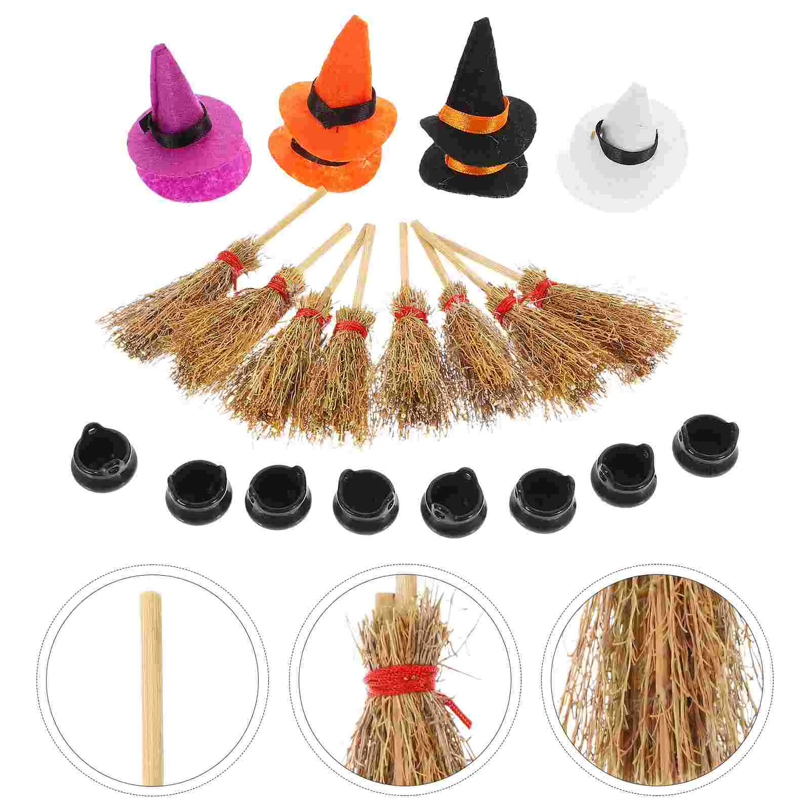 

Halloween Gnome Hat Witch Bucket Set Mini Tiny Hats Dollhouse and Broom Decor Dolls for Crafts Brooms Covers Decorate Cake