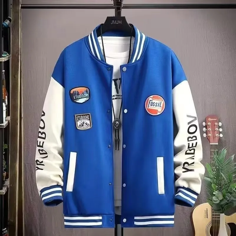 Autumn New Men's Baseball Jacket Harajuku High Street Blue Sports Jacket Fashionable Men's Thin Baseball Uniform New 2024