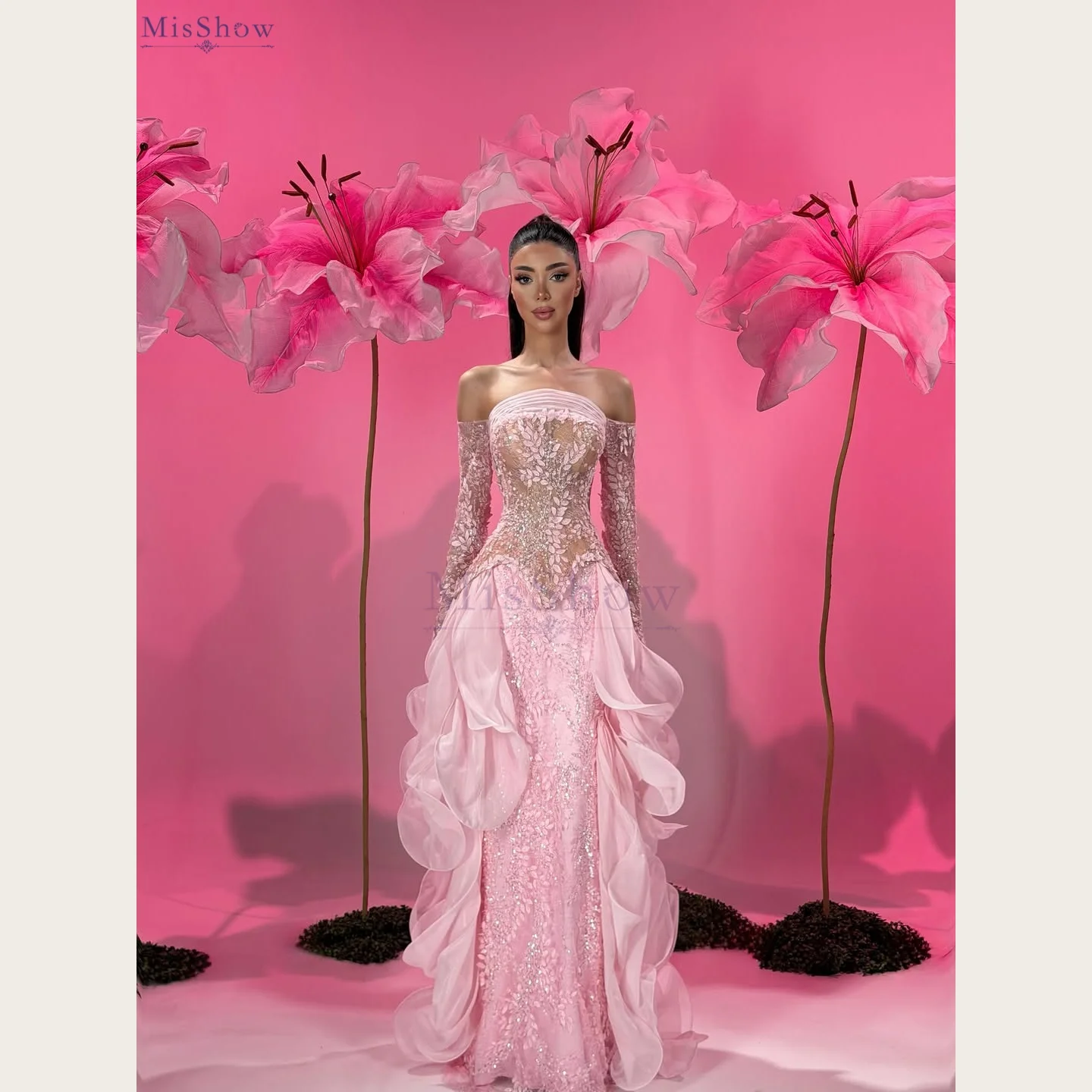 MisShow Elegant Off Shoulder Evening Dresses Pink Beaded Floral Lace Long Sleeve Wave Ruffles Hem Prom Dress Customized Vestidos
