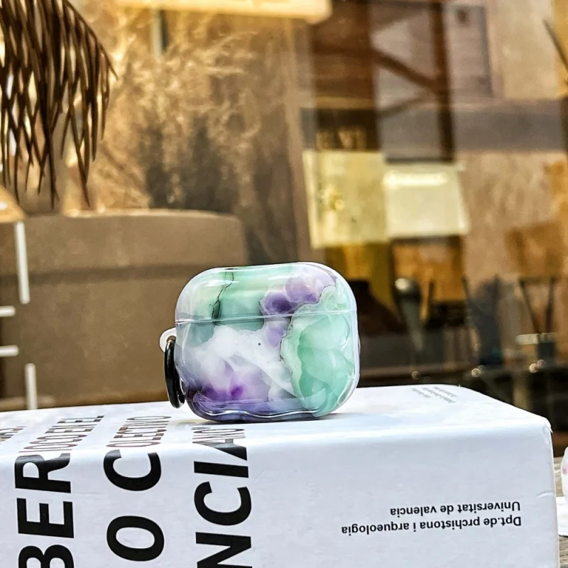 グリーンパープルマーブルパターン Apple ヘッドフォンカバー Appleairpods3/4に適していますパーソナライズされた落下防止PRO2/pro3