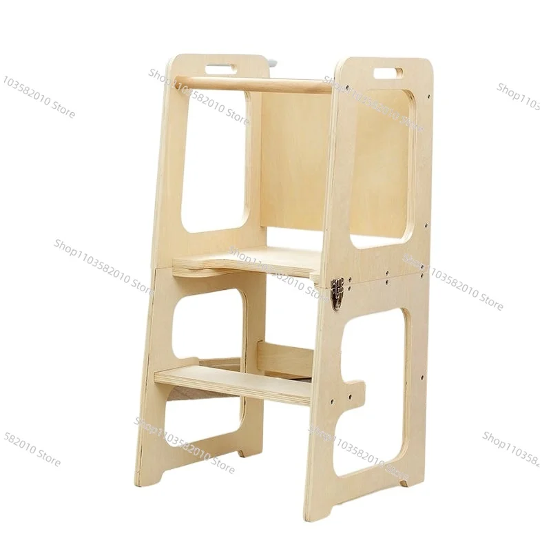 Wooden Learning Tower with High Chair, Foldable Kids Safety Step Stool, Adjustable Montessori Toddler Helper Standing Tower