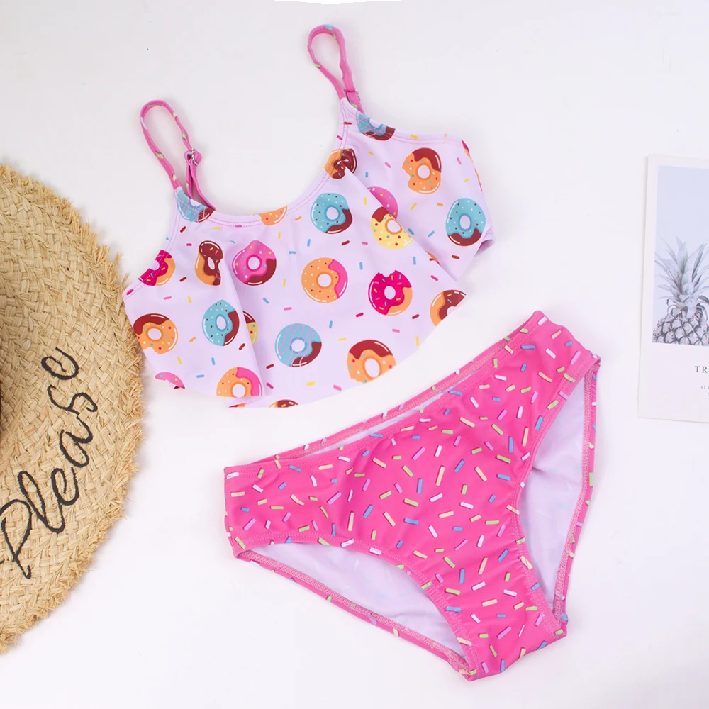 Donut Print Falbala Girls Kids Swimsuit Outdoor Cute 2-piece Swimwear Stretchy Contrast Girls Kids Bikinis For Summer Vacation
