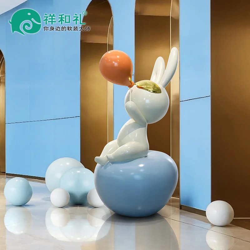 Large Cartoon Apple Rabbit Art Sculpture Outdoor Floor FRP Ornaments