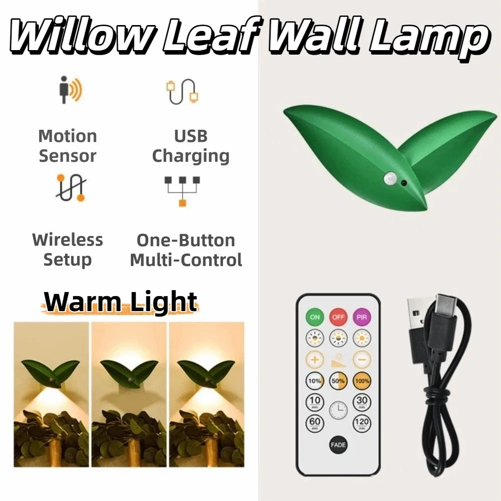 

Creative Willow Leaf Wall Lamp Leaves Shaped Motion Sensor Leaves Bedroom Remote Light Dimmable Decorative Lighting