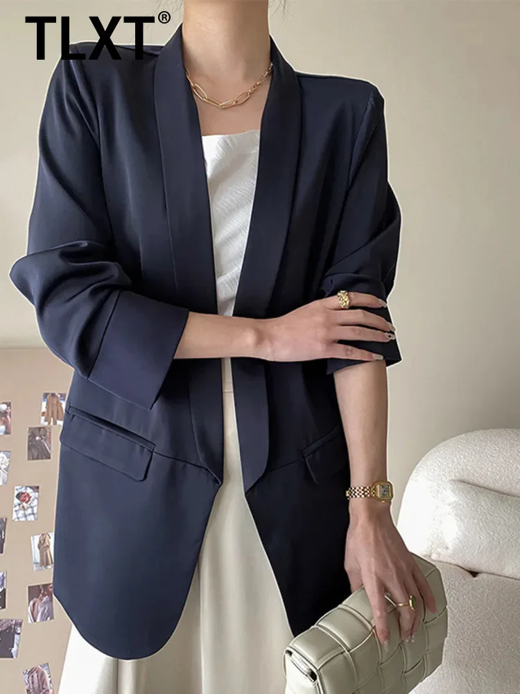 

TLXT Elegant Women's Solid Minimalist Blazer Lapel Open Stitch Long Sleeve Commute Coats Female Summer 2025 New XK1263