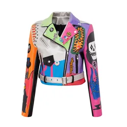 Women's Motorcycle Jacket Colorful Woman's Biker Coat Color Bump Punk Jacket Rock Motorcycle Jacket PU Material Biker Clothes