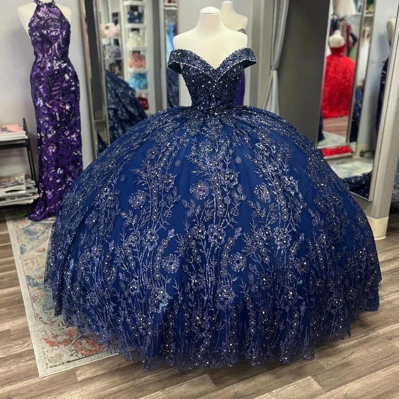 

Navy Blue Princess Off The Shoulder Quinceanera Dresses Beads Crystal Ball Gown Part Prom Wear Lace Up Sweet 16 Vestidos 15 De