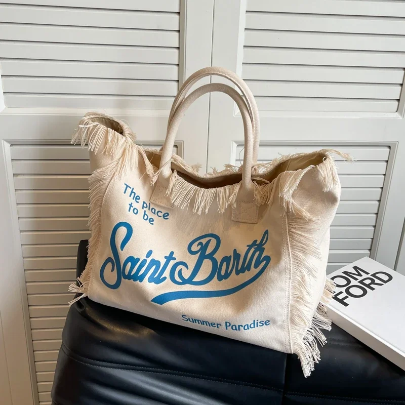 Sac à main en toile solide avec pompon pour femme, sac de grande capacité, sac à main avec lettre initiée, épissure de haute qualité, savoir à chaud, document de mode, 2024