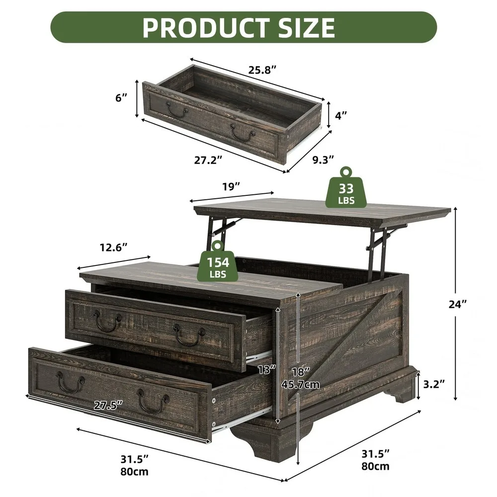 Grande table basse élévatrice carrée Farmhouse avec compartiment caché pour salon