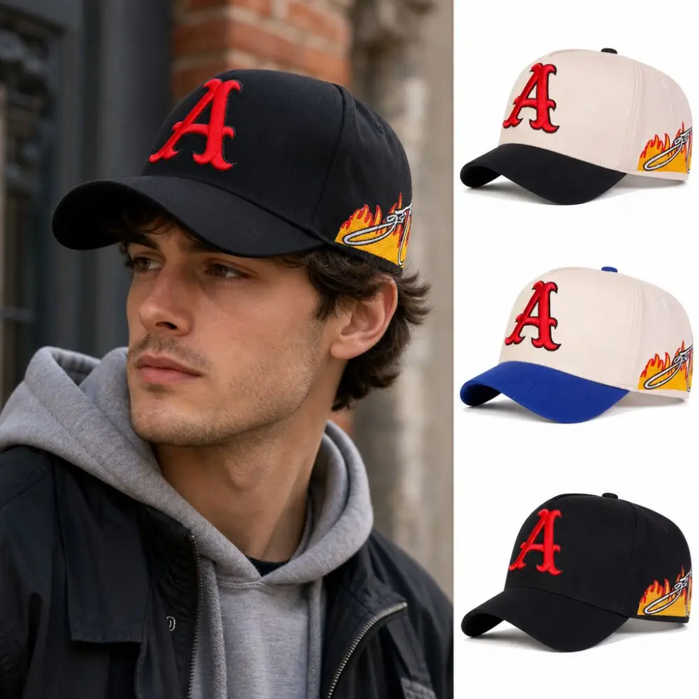 Casual Flame Baseball Cap Red Letter A Embroidery Adjustable Trucker Hat Hip-hop Cotton Streetwear Cap For Men Women