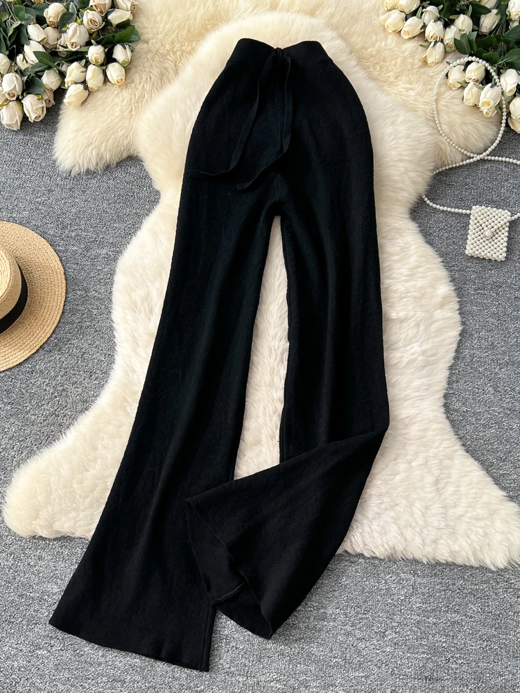 Loose Knitted Wide Leg Pants Women's Soft Lazy Sle Winter High Waist plus Size Leopard Print Floor Length Trousers