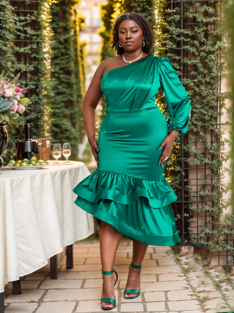 Green Satin Dresses One Shoulder Long Sleeve Bodycon Irregular Outfits Plus Size 3XL 4XL Midi Gowns for Women Evening Party