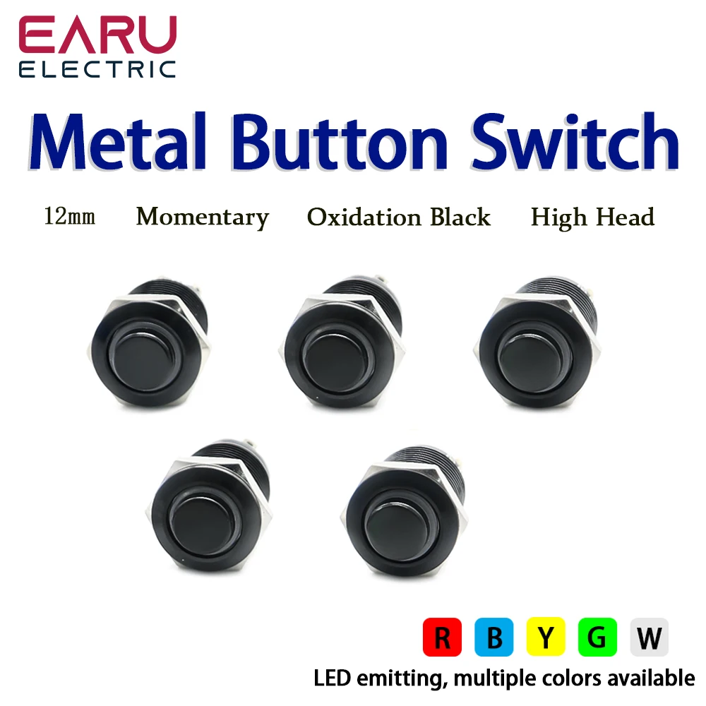 12mm Oksydacja Czarny Metalowy Przycisk Chwilowy Wodoodporny LED Światło Czerwony Zielony Niebieski Żółty Biały 5V 3V 6V 12V