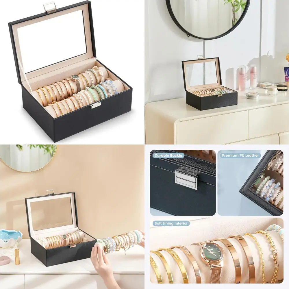 

Clear Top Bangle Display Holder with Rods, Premium Jewelry Organizer Box for Women's Watches and Accessories Storage