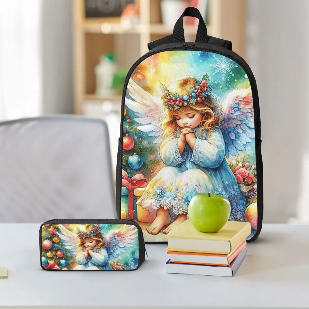Lovely Angel Wishing Pattern Backpack Boys Girls BookBag School Bag Shoulder Bags 3ps Insulated Lunch Bag Pencil Case