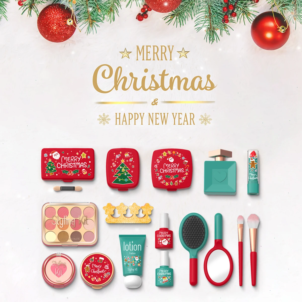 Conjunto de brinquedos de maquiagem infantil simulado fingir jogar beleza caixa de maquiagem sombra de olho blush tema de natal presentes para meninas não-tóxico