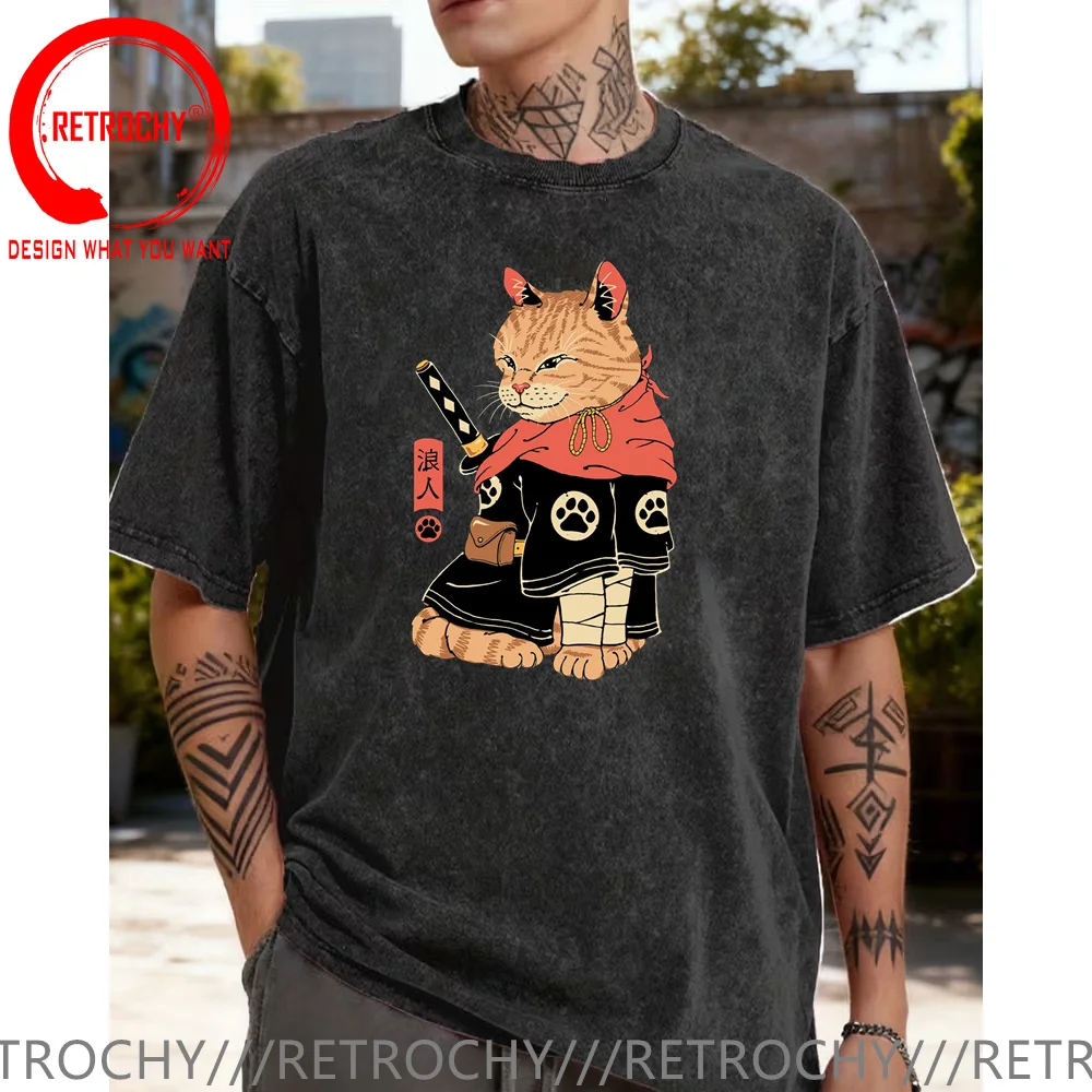 

Винтажная хлопковая футболка в японском стиле с рисунком самурая и кота, мужская футболка в подарок на день рождения, мужская и женская футболка в стиле ретро, повседневная модная футболка