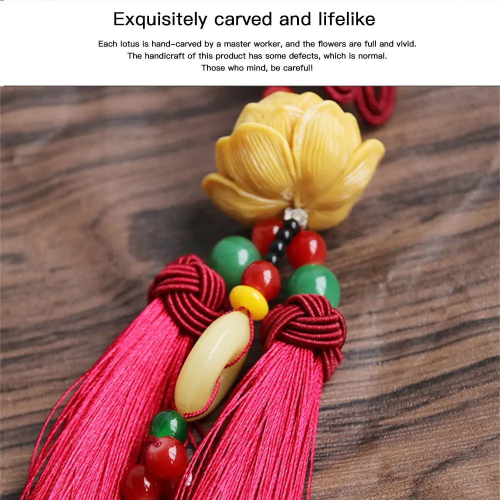 قلادة لوتس بيضاء ذهبية محمولة ، حبل معلق رائع ، زينة عقدة صينية ، إكسسوارات سيارة ، تصميم يبارك السلام