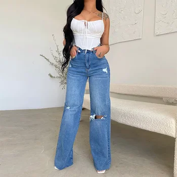 Mandylandy kadın kot uzun yüksek bel yırtık yıpranmış rahat geniş bacak Denim pantolon yıkanmış delik Streetwear Denim pantolon