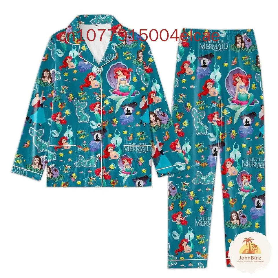 New Disney Princess Ariel Pajama Set 3D Printed Casual Men's and Women's Long Sleeve Shirt Pajama Set