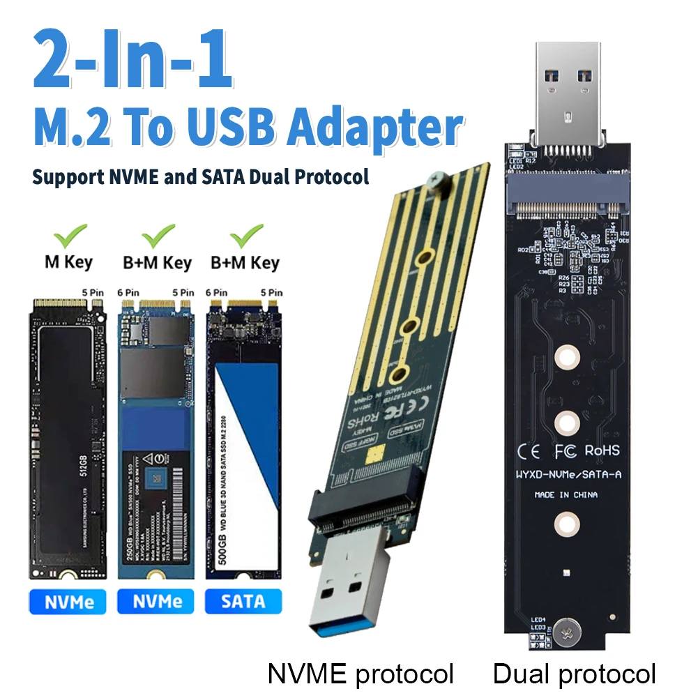 

Адаптер M.2 к USB 10 Гбит/с M-Key M.2 NVME к USB-кардрідер с двумя протоколами NVMe SATA M2 SSD-плата для M.2 2230 2242 2260 2280 SSD