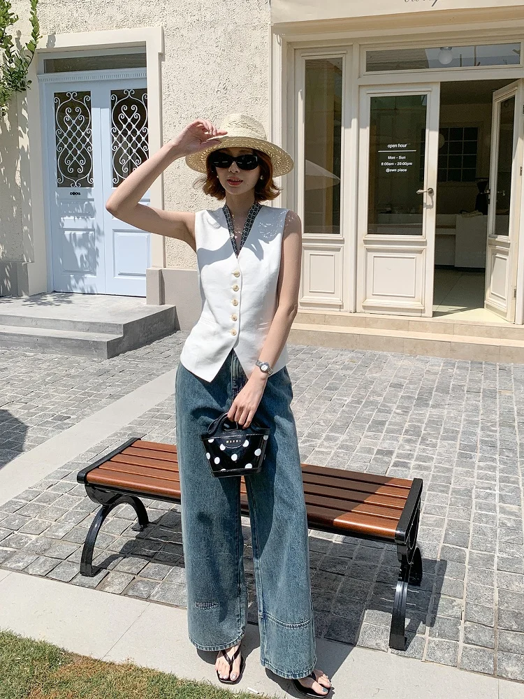 

Casual High Waist Straight Leg Jeans Women's Vintage Waed Versatile Summer Denim Blue Cotton Stretch Fabric