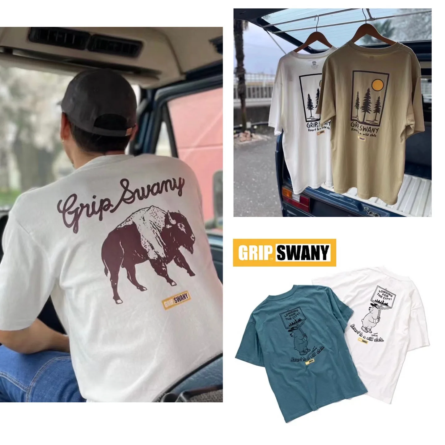 

Japanese Outdoor Leisure, Animal Theme GRIP SWANY Pure Cotton Round Neck Printed Short-sleeved T-shirt