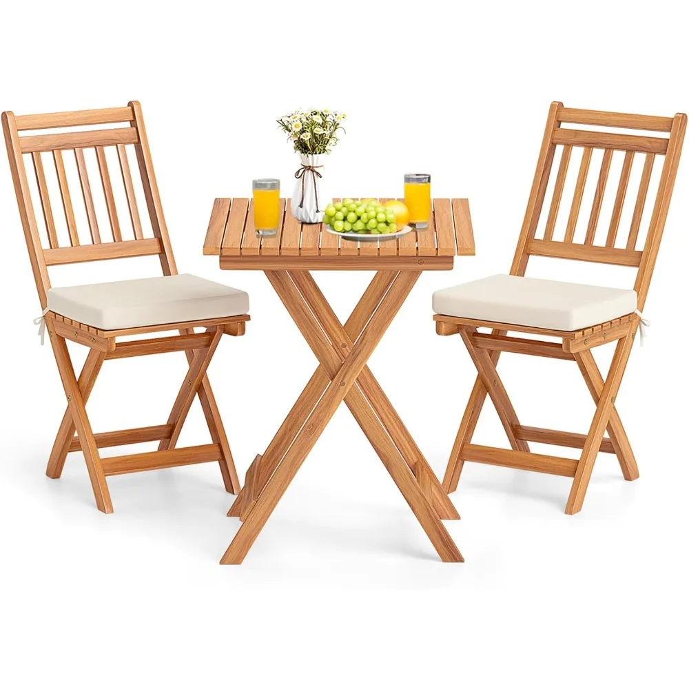 

Outdoor Folding Bistro Set,Acacia Wood Bistro Set with Soft Cushions, Patio Bistro Table and Chairs for Backyard Porch Poolside