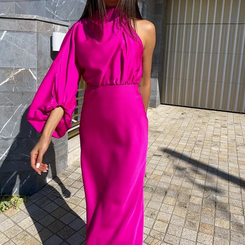 

2023 Summer Women's Satin Dresses Lantern Sleeve One Shoulder Bodycon Women Clothes Elegant Rose Club Party Office Midi Dress