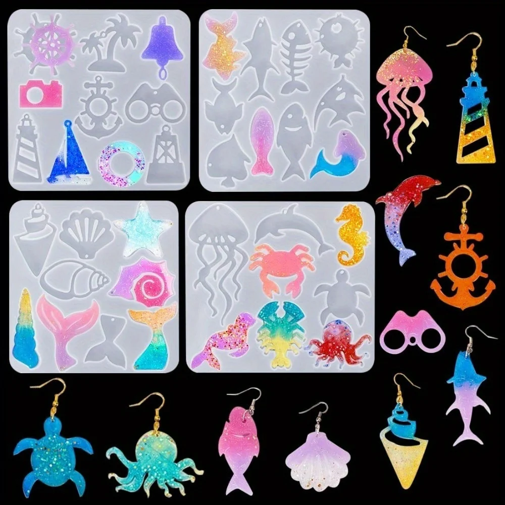 The Ocean-themed Earring And Pendant Mold Set Includes Four Styles: Fish Tail, Lighthouse Rudder, Marine Animal, And Marine Fish. The Handcrafted Resin Jewelry Is Suitable for Nautical Theme Jewelry, Summer Accessory Handicrafts, And Aquarium