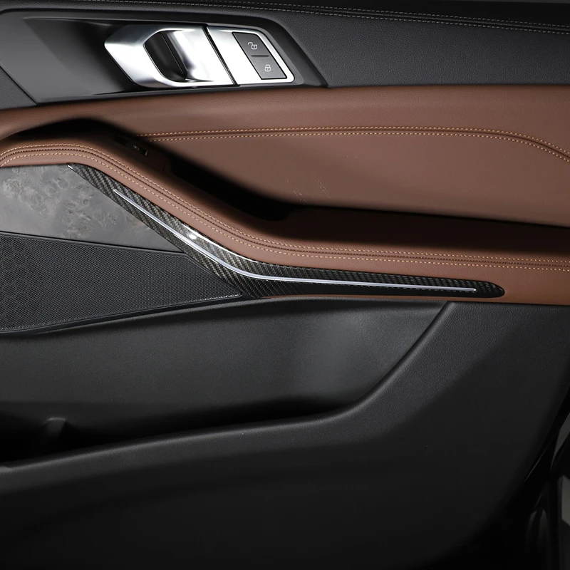 

Для BMW X5 G05 X7 G07 2019-2022: Декоративная наклейка из настоящего карбона для внутренней отделки дверных ручек с подсветкой, аксессуары для автомобиля
