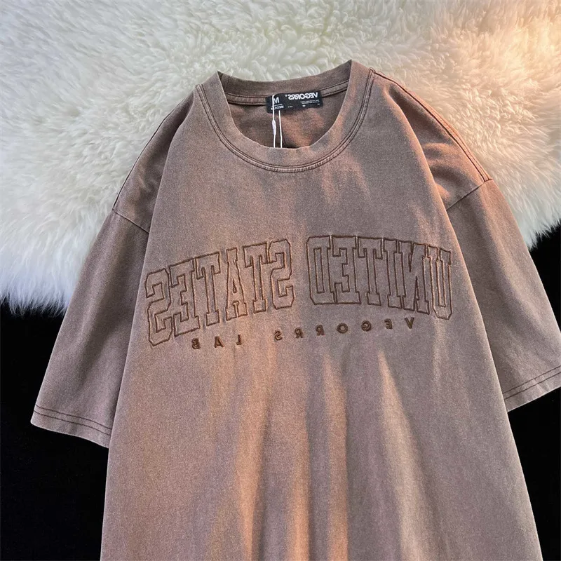 

Retro American Waed Letter ort Sve T-irt Men's Summer Trendy Vintage Haome f Sve Top Polyester Fiber