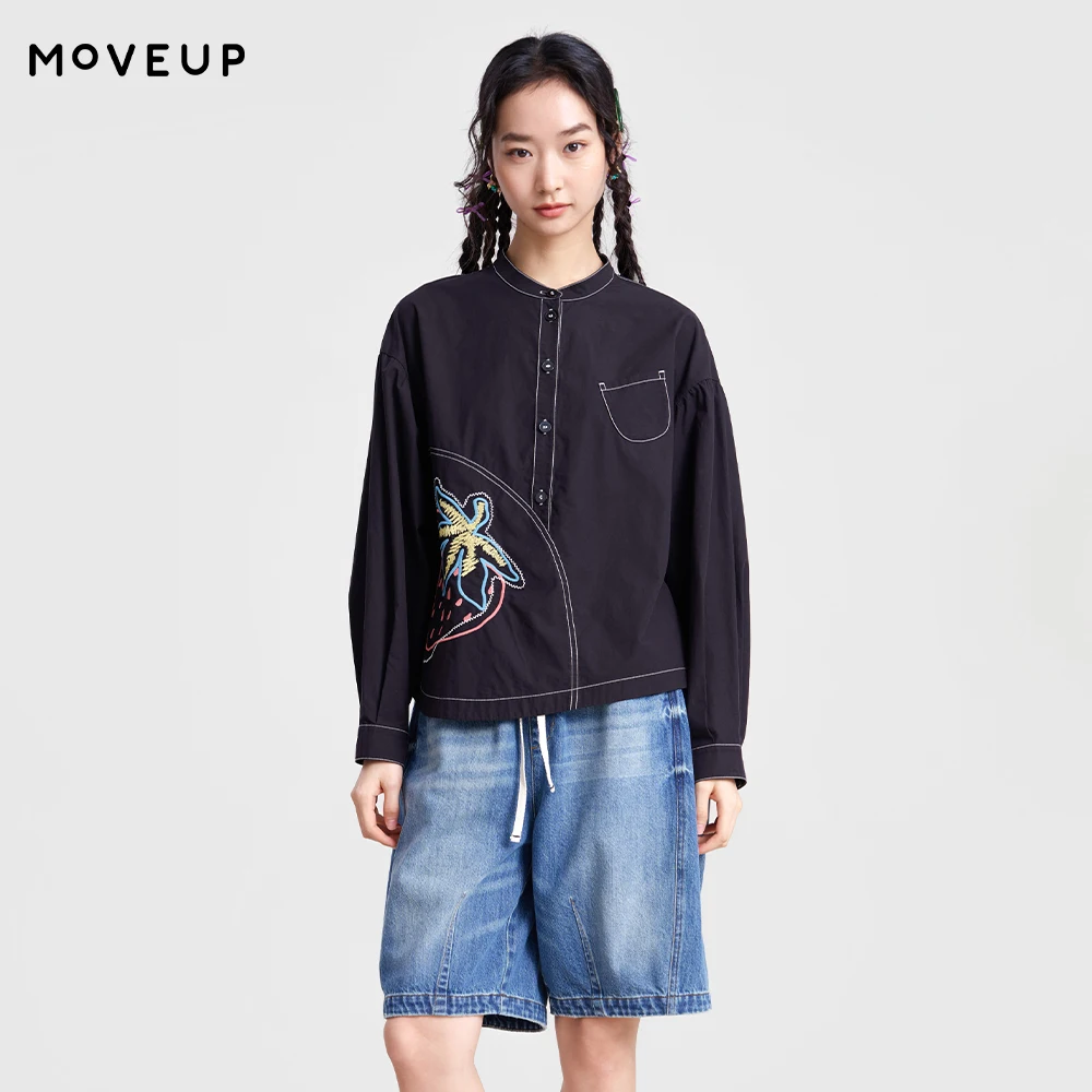 

Женская укороченная свободная блузка MOVEUP из 100% хлопка с контрастной вышивкой и декоративной строчкой, новая модная коллекция Весна 2026, модель 3ELC20434