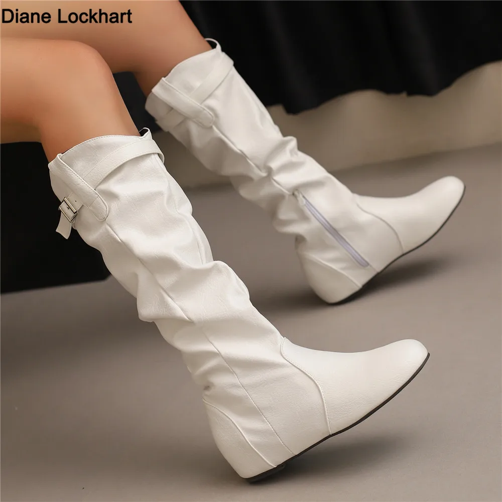 

Women Mid-Calf Boots PU Pleated Boots Female Round Toe Shoes Concise Height Increasing Flat Shoes Autumn Winter 2025 Size 34-50