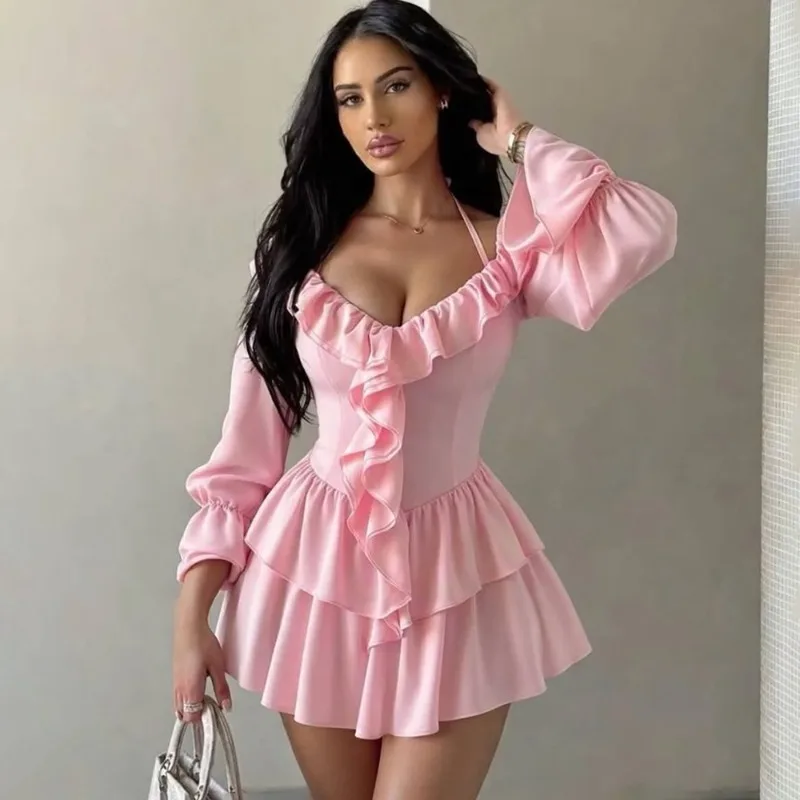 Talenza Pink Ruffle Mini Dress Women's Summer Sexy Backless Pleated Patchwork New Dress Sexy Fashion Elegant Party Women's Dress