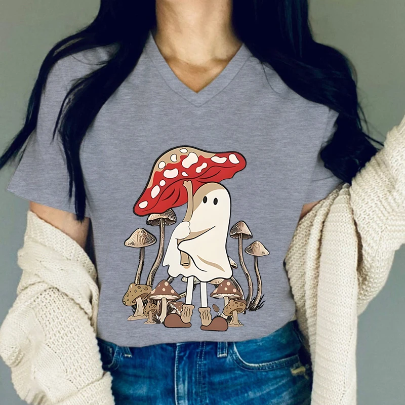 Cute Ghost Mushroom Graphic T Shirts Women Cute Ghost Fashion Essential Short Sleeve T-shirt Funny Mushroom Print Summer T-shirt