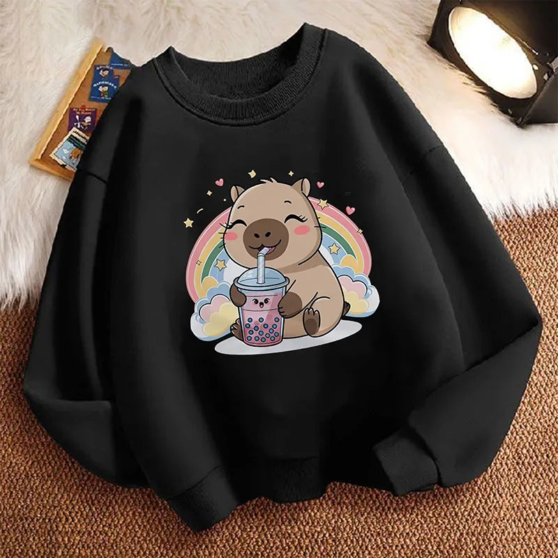 Funny Children's Sweatshirt Pullover Spring Happy Rainbow Capybara Drinking Juice Crew Neck Graphic Hoodie Boy/Girl Kids Hoody