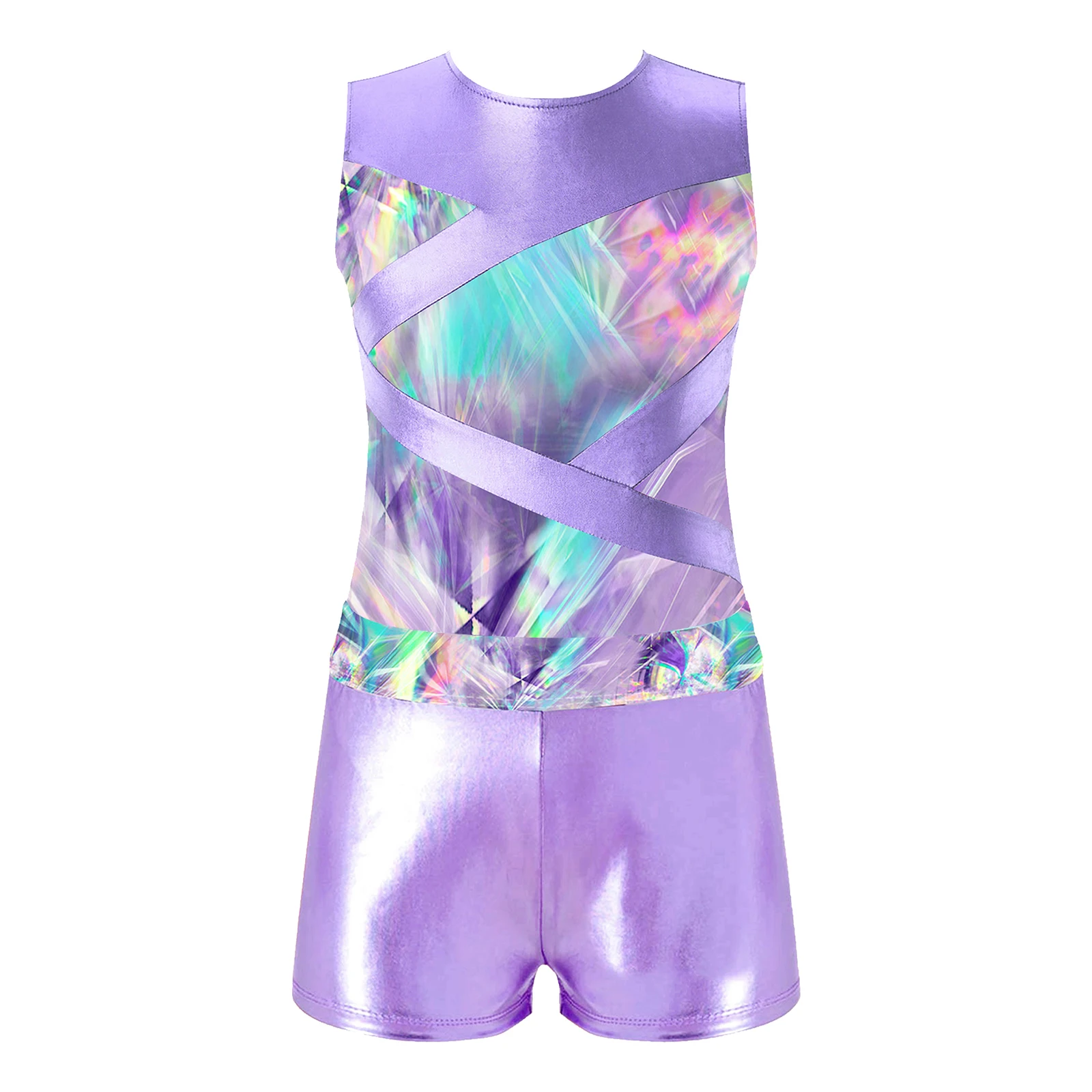 Kids Girls Ballet Dance Sets Sleeveless Hollow Out Printed Patchwork Leotard with Shorts for Gymnastics Workout Sports Swimsuit