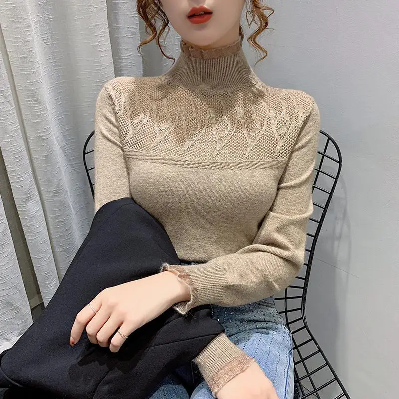 Autumn and Winter Women\'s Pullover Half High Collar Lace Hollow Out Solid Fashion Casual Elegant Commuter Long Sleeve Sweater