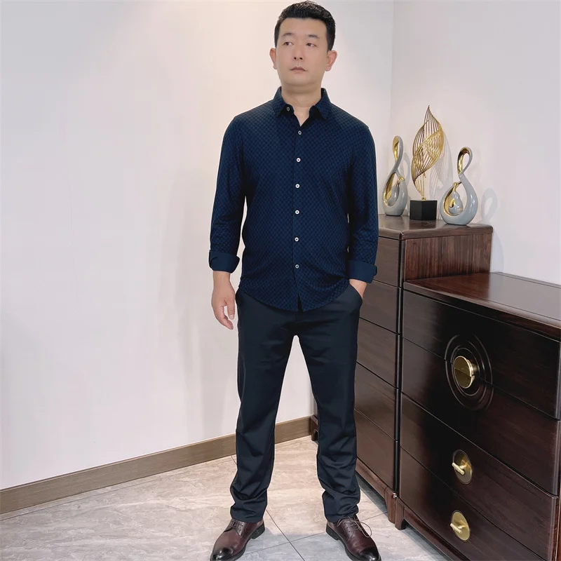

Autumn Winter Men's Long Sve T-irt Silk Wool Feel Button up Collar Busin irt Stand Fit Non-Saints Brand
