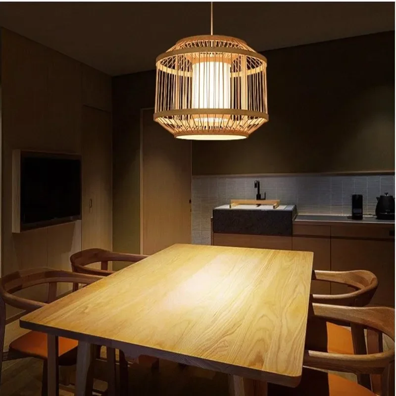 

Chinese Style LED Lighting for Hot Pot Shop Tea Room Bamboo Lamp Japanese Zen Oval Woven Chandelier Home Decor Pendant