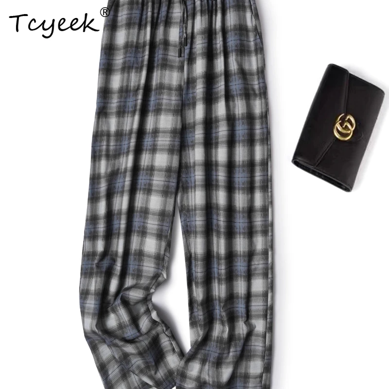 

Tcyeek 100% Real Mulberry Silk Spring Summer High Waisted Loose Checkered Straight Tube Long Women Pants Брюки Женские Летние