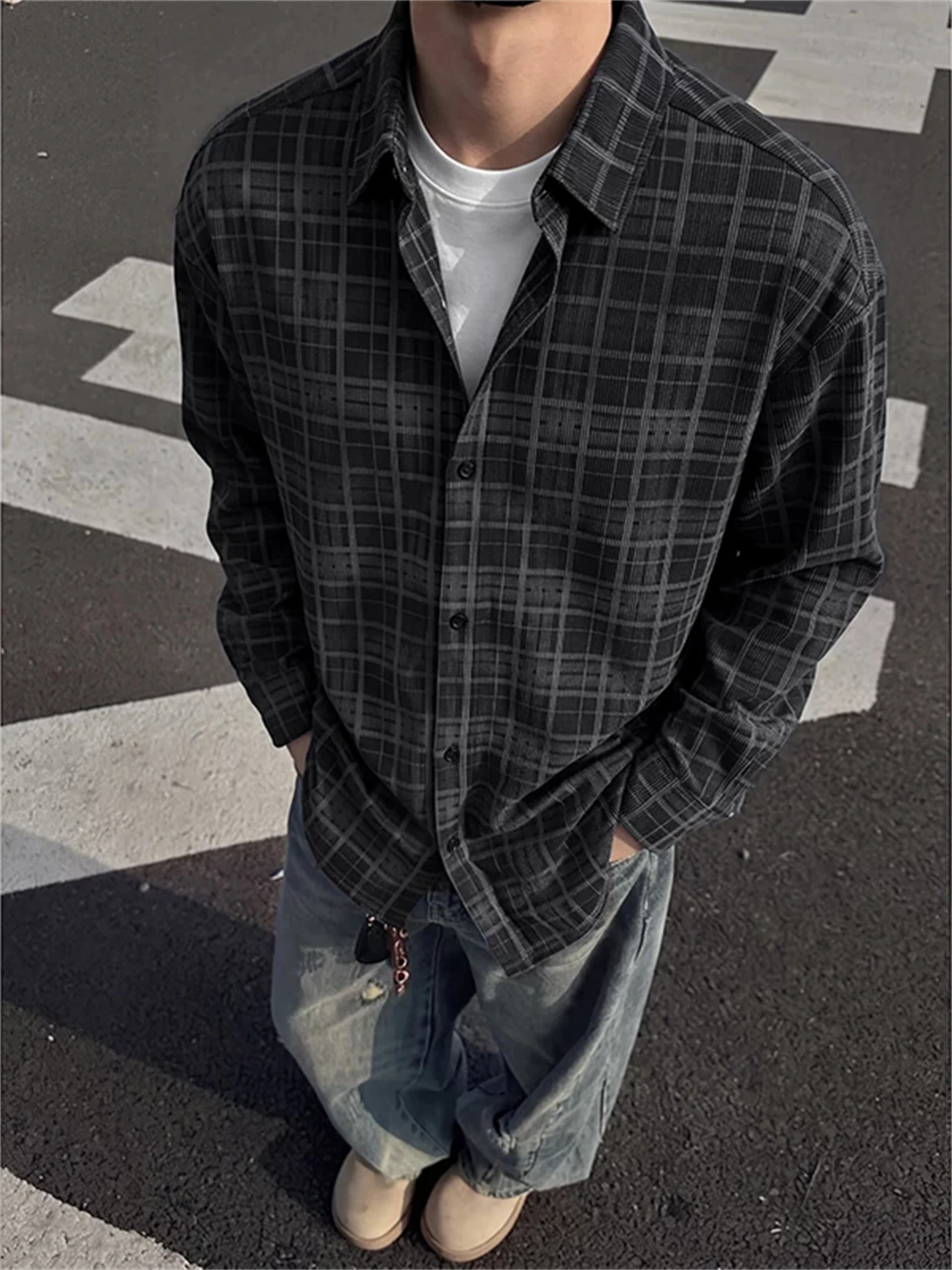 Plaid Shirt Men's Spring Autumn Corduroy Long Sleeve Outwear Casual Style Youth Popular Loose Fit Button down College Student