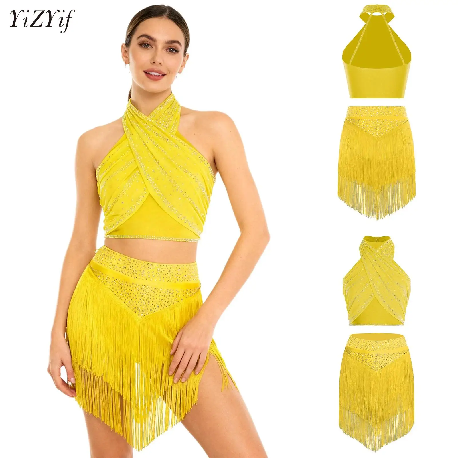 

Women Latin Dance Costume Sleeveless Strappy Shiny Rhinestones Crop Top with Tassels Skirt Stage Performance Tango Dancewear
