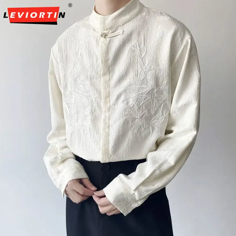

Мужская атласная рубашка с китайской вышивкой, жаккардовая стойка на шее, пуговицы с длинным рукавом, уличная одежда, осенняя новая повседневная мужская одежда