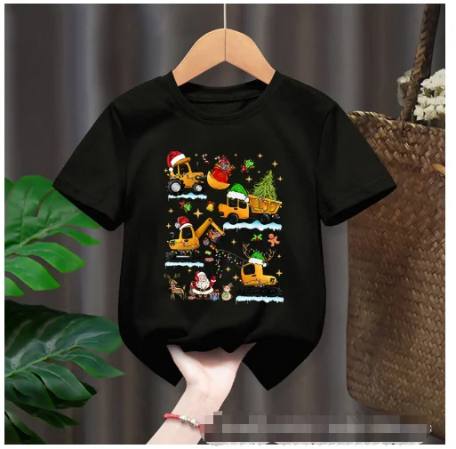 Summer Christmas Kids T-shirt Funny Excavator Christmas truck print kids T-shirt short sleeve top