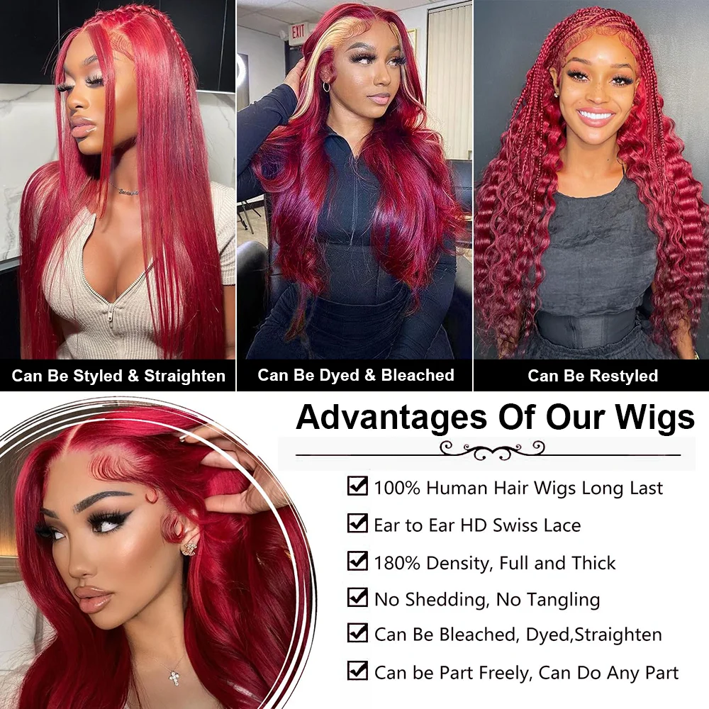 Burgundy 13x6 HD Lace Frontal Human Hair Wig Red Colored Lace Front Human Hair Wigs Body Wave Human Hair Wigs Pre Plucked 180%